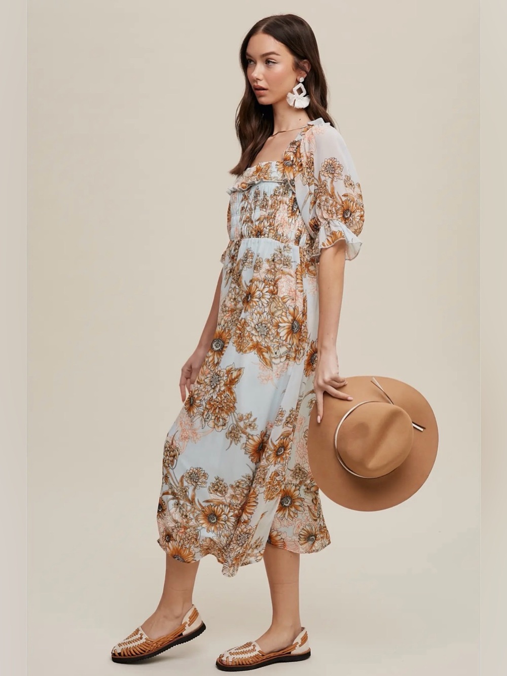 Floral Smocked Midi Dress in Light Blue and Brown - Picture 3 of 5